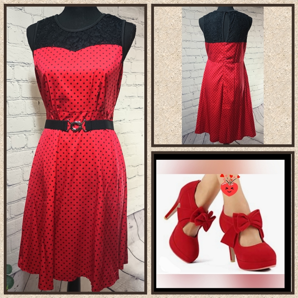 RedHeels Pin-Up Rockabilly Polka-dot Midi SwingDress Red Costume 9pc Set
